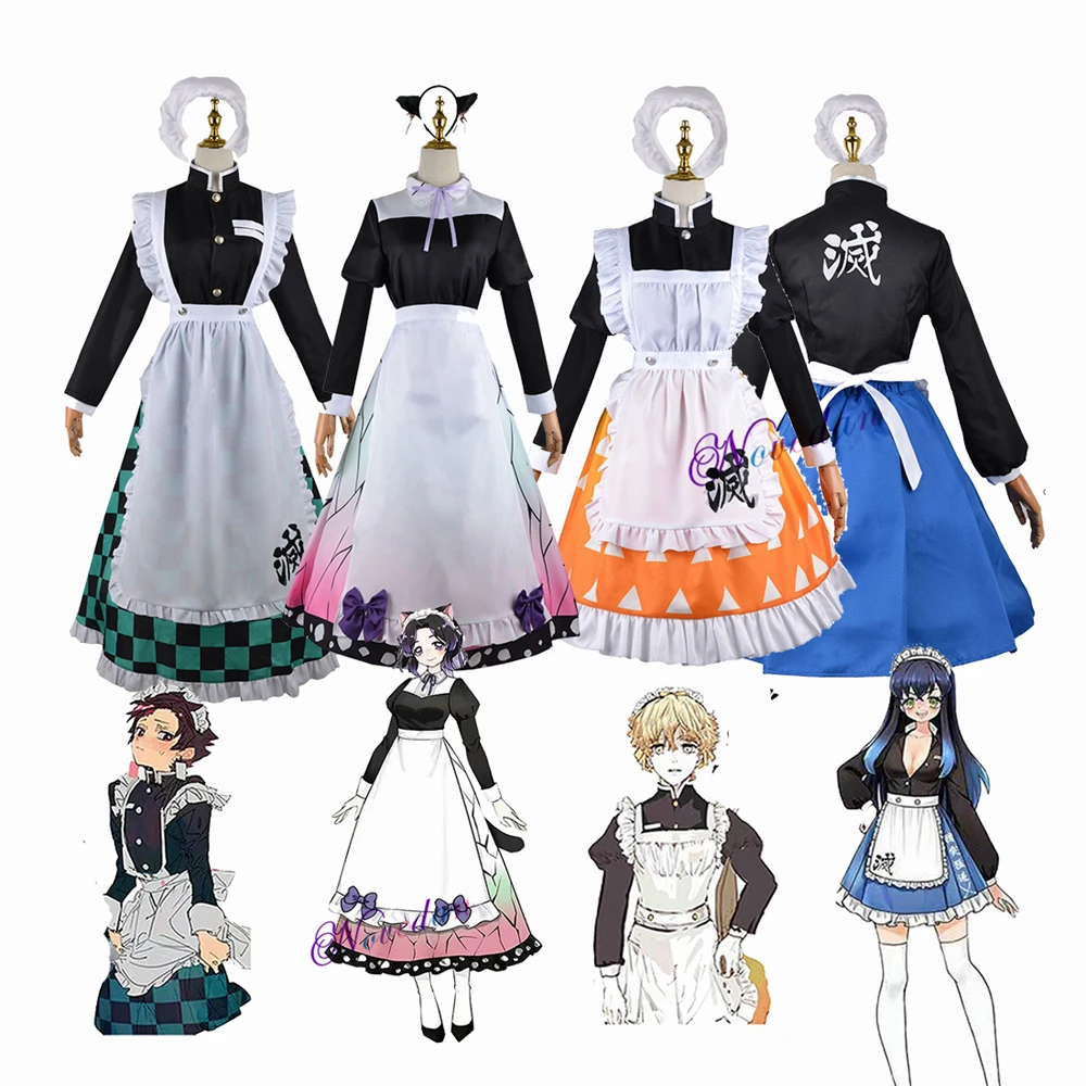 

Anime Demon Slayer Maid Cosplay Zenitsu Kochou Tanjirou Inosuke Kimetsu no Yaiba Kimono Maid Outfit Lolita Dress Costume