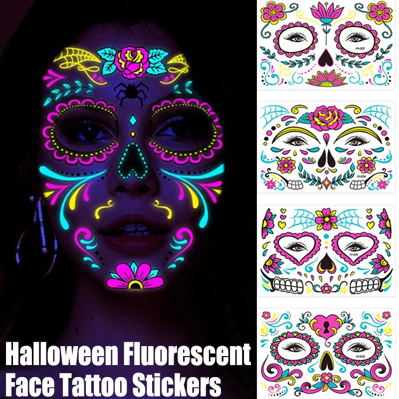 

Sdotter Halloween Facial Fluorescent Tattoo Stickers Disposable Funny Grimace Skull Tattoo Stickers for Festival Party Makeup Ta