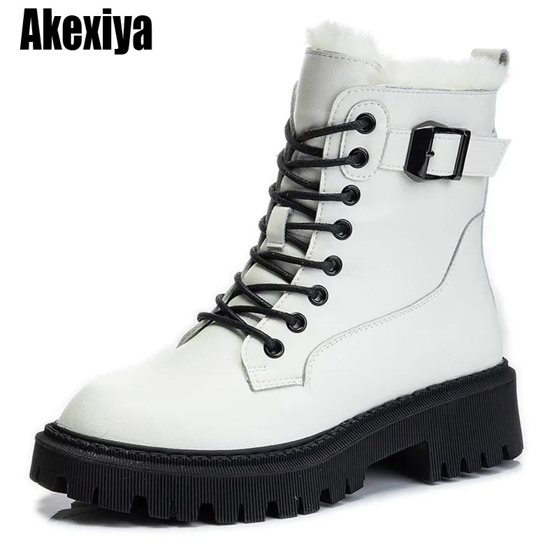 

Ботильоны женские из натуральной кожи, толстая плюшевая подкладка, на шнуровке, Нескользящие, теплая хлопковая обувь, BC5482, для зимы