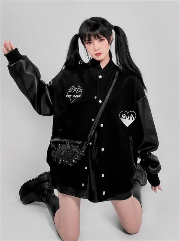 

QWEEK Gothic Black Baseball Jackets Women Y2K Punk Oversized Faux Leather Patchwork Coat 2021 Autumn Punk Fashion Outwear