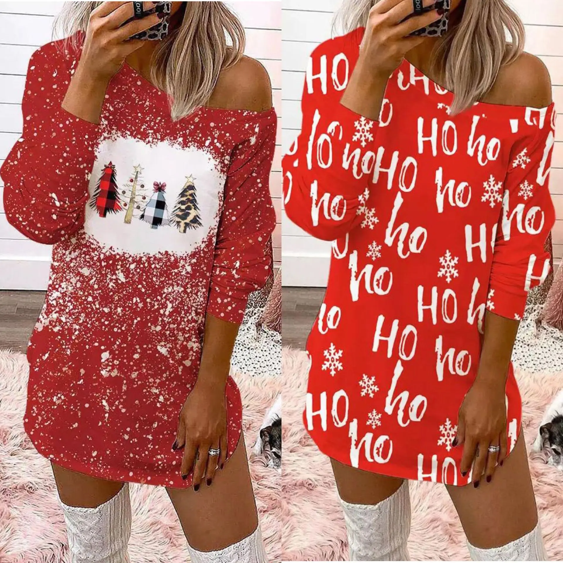 

Осень-зима 2022 Платье с принтом вырезом лодочкой без бретелек длинным рукавом приталенное рождественское мини-платье