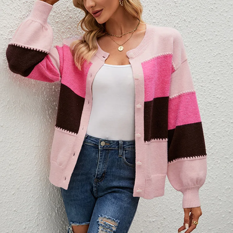 

2022 Autumn Winter Women Sweater Full Sleeve Striped Color Patchwork Elegant Fashion Loose Knitting OL Female Cardigan C4198