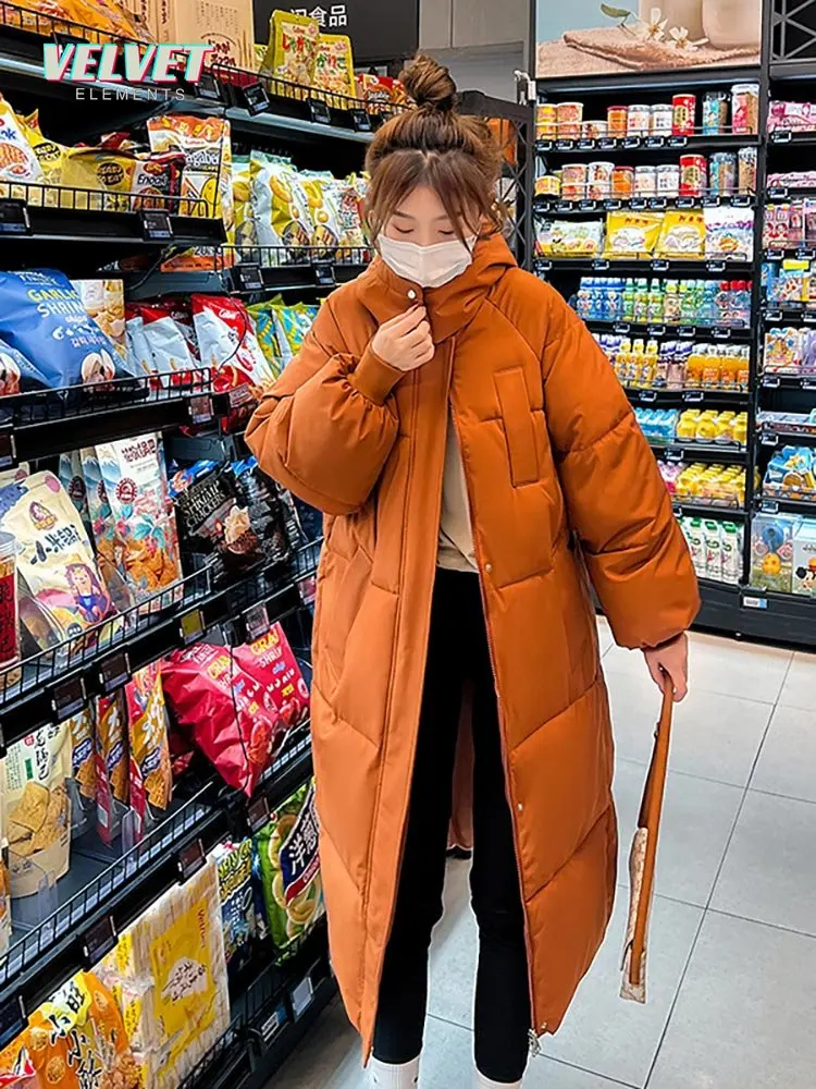 VelvetElements Korean Jacket Women Winter X-long Parkas Solid Hooded Thicken Warm Female Snow Wear Coat Padded Loose Clothes