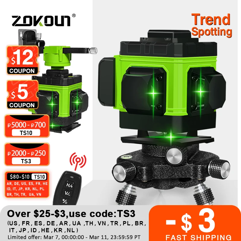 

CLUBIONA IE12A Wireless Remote Control 3D Green Laser Level 360 Degree 12 Lines With Li-ion Battery Floor Lift on the Base