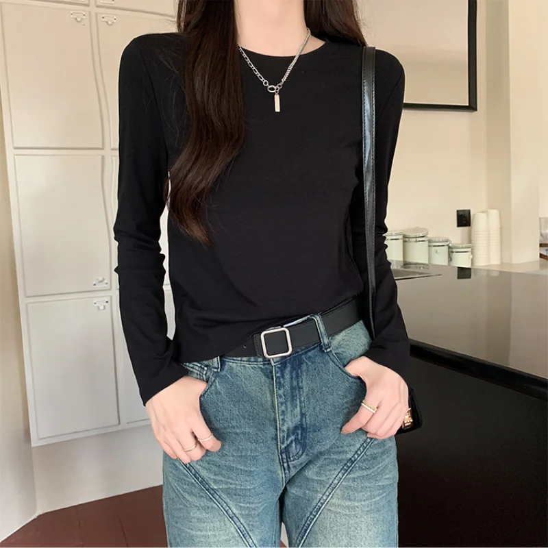 Однотонные базовые облегающие футболки с круглым вырезом и длинным рукавом