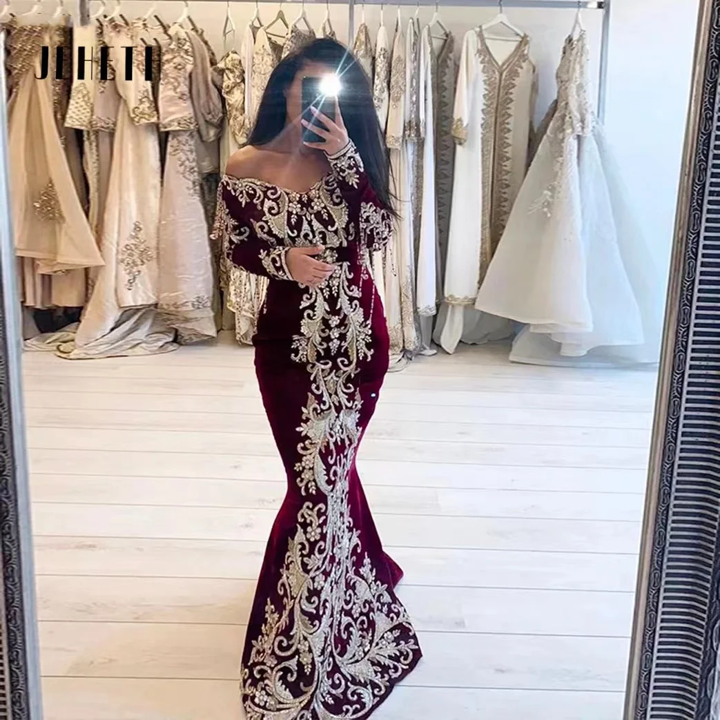 

JEHETH Burgundy Mermaid Caftan Evening Dresses Off Shoulder Long Sleeves Lace Embroidery Arabic Muslim Formal Prom Party Gown