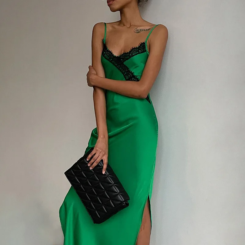 

Wepbel Sexy Midi Dress Women Fashion Lace V-neck Patchwork Slim Sexy Backless Spaghetti Straps Split Dress Summer Night Dress