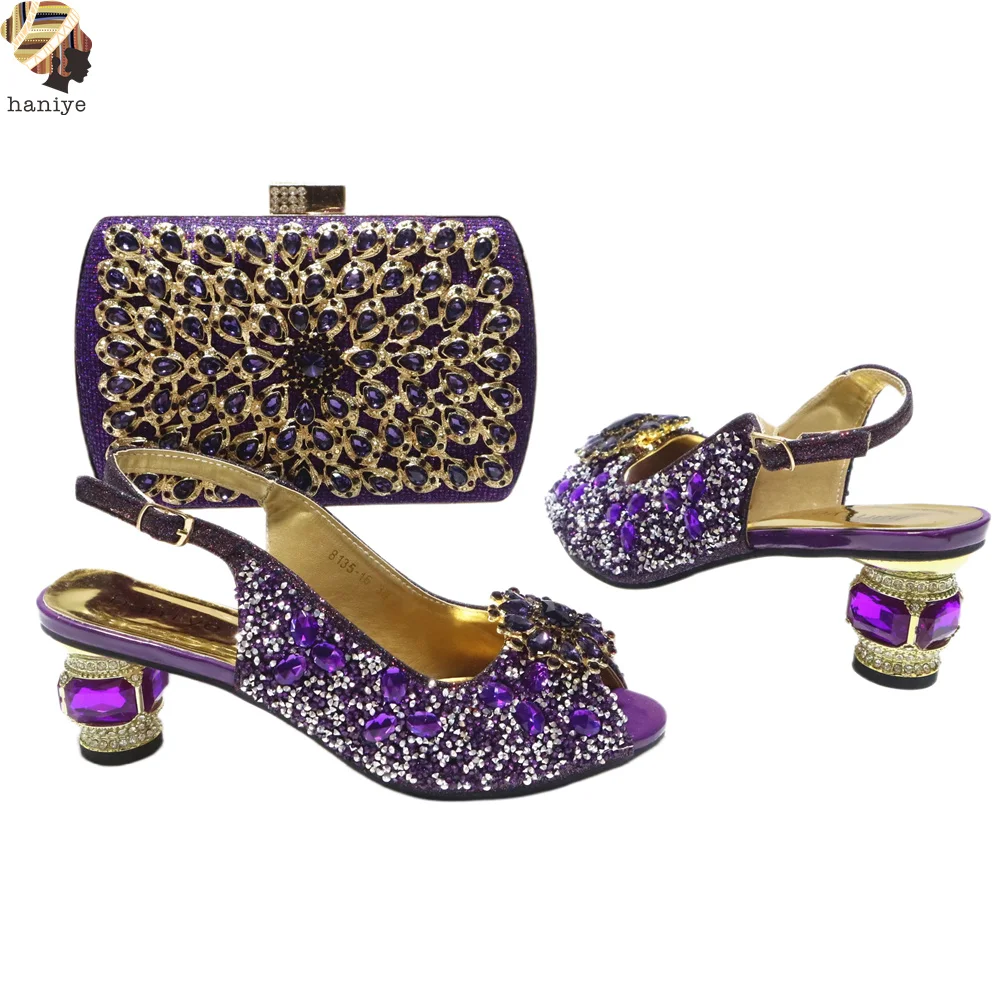 Haniye Purple Rhinestones Decoration Clutch Bag Matching High Heels Chunky Slingback Bling Stones With Gold Chain Cross Body Bag