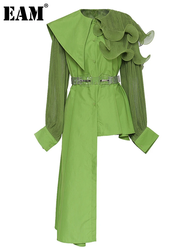 

[EAM] Women Ruffles Pleated Irregular Big Size Blouse New Lapel Long Sleeve Loose Fit Shirt Fashion Spring Autumn 2022 1U856