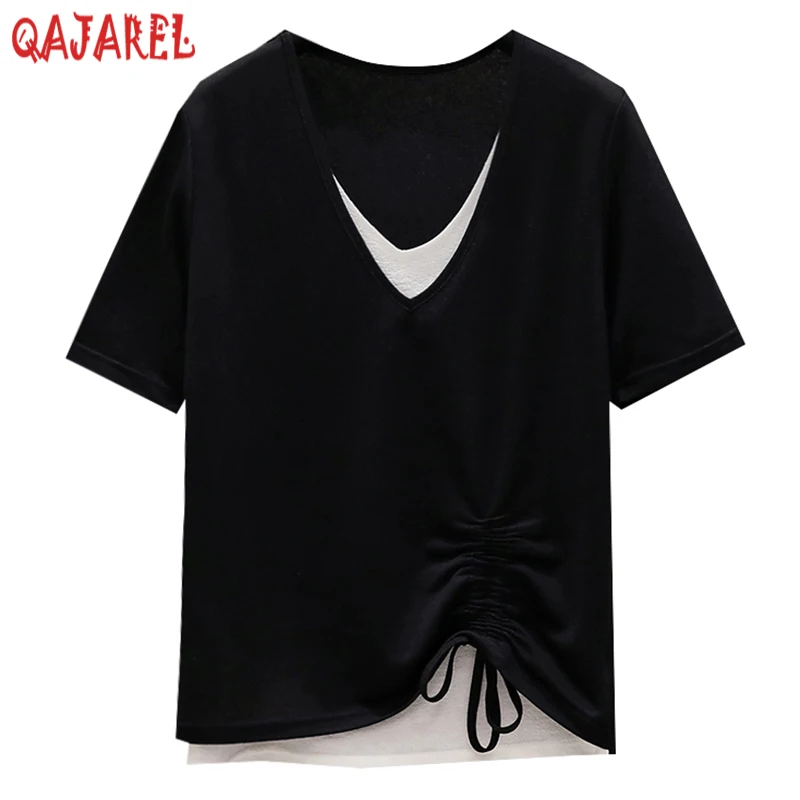 

2023 Black Striped Knitted Cotton Short Sleeve T-Shirt Women Korean Vintage Casual Top Coat Summer New Elegant Bodycon Top Shirt