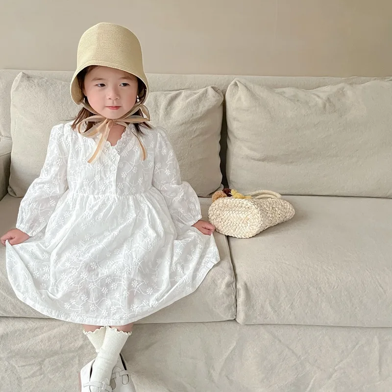 

Детские платья для девочек rinilled, однотонные универсальные кружевные осенние платья для девочек с длинным рукавом, детское платье принцессы...