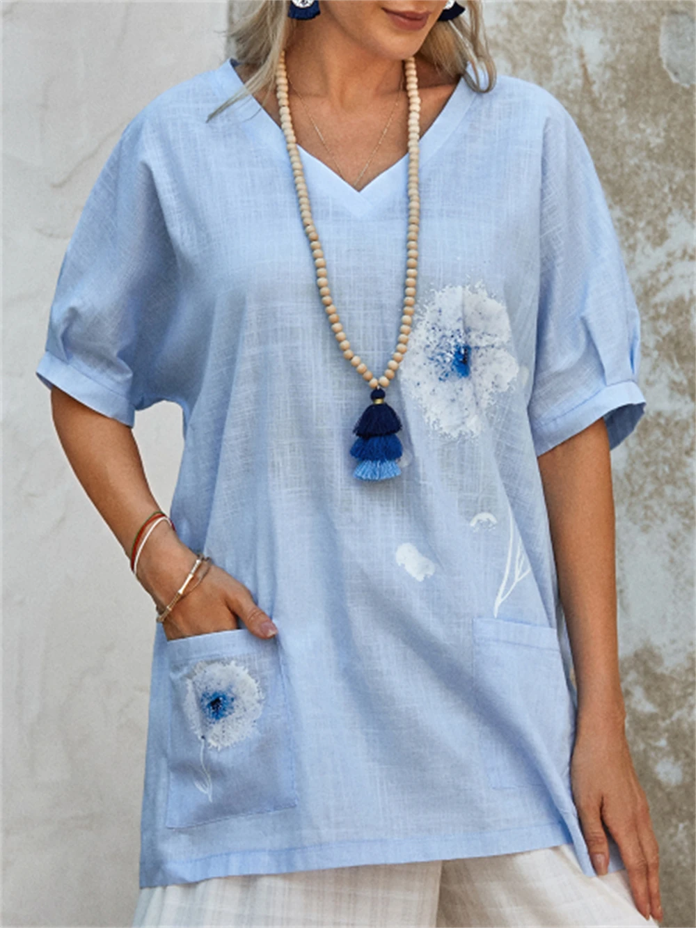 

Charmingtrend T-Shirt Women Summer Shirt V-Neck Printed Short Sleeve Tops Ladies Loose Cotton linen Pullover Female Clothes