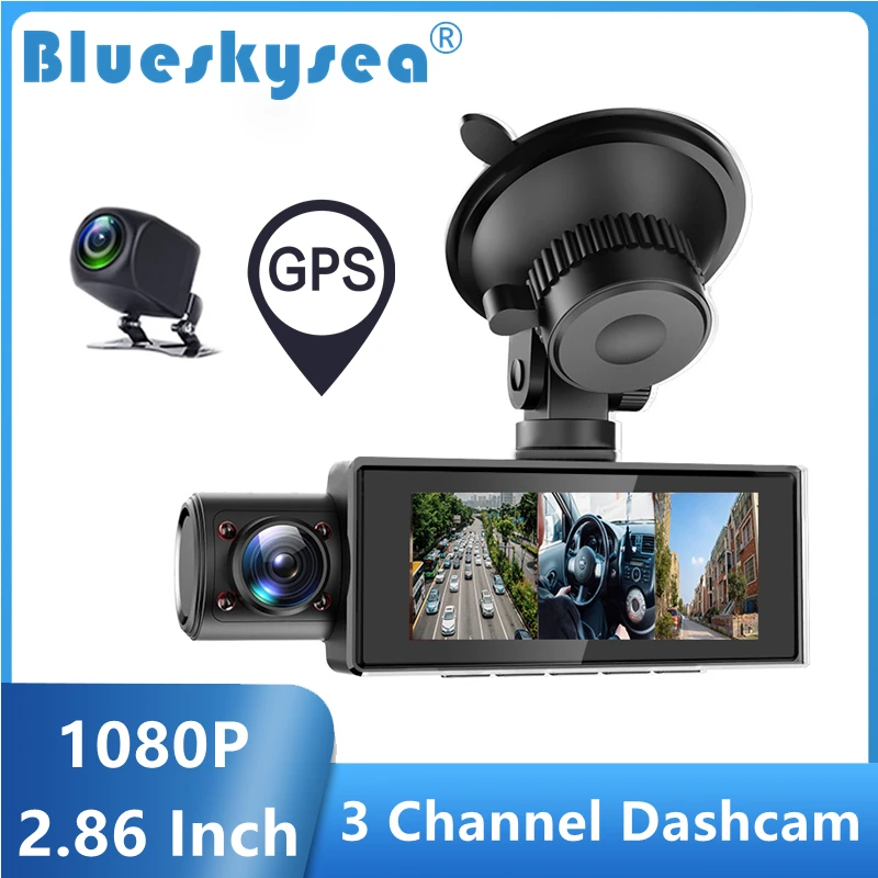 3 Channel Car Dashcam GPS 1080P HD 2MP Car DVR Night Version G-Sensor 24H Parking Motion Detection With Rear Interior Lens Cam