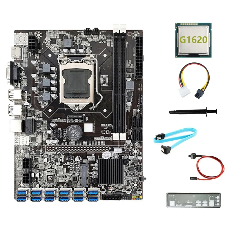 B75 12USB BTC Mining Motherboard+G1620 CPU+4Pin To 6Pin Cable+SATA Cable+Switch Cable+Baffle+Thermal Grease