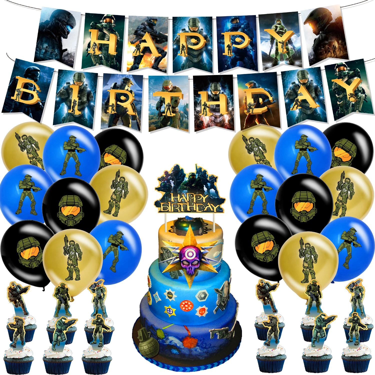 

Game Theme Halo Birthday Party Decorations Paper Banner Cake Topper Latex Balloons Cool Halo Birthday Party Supplies For Boys