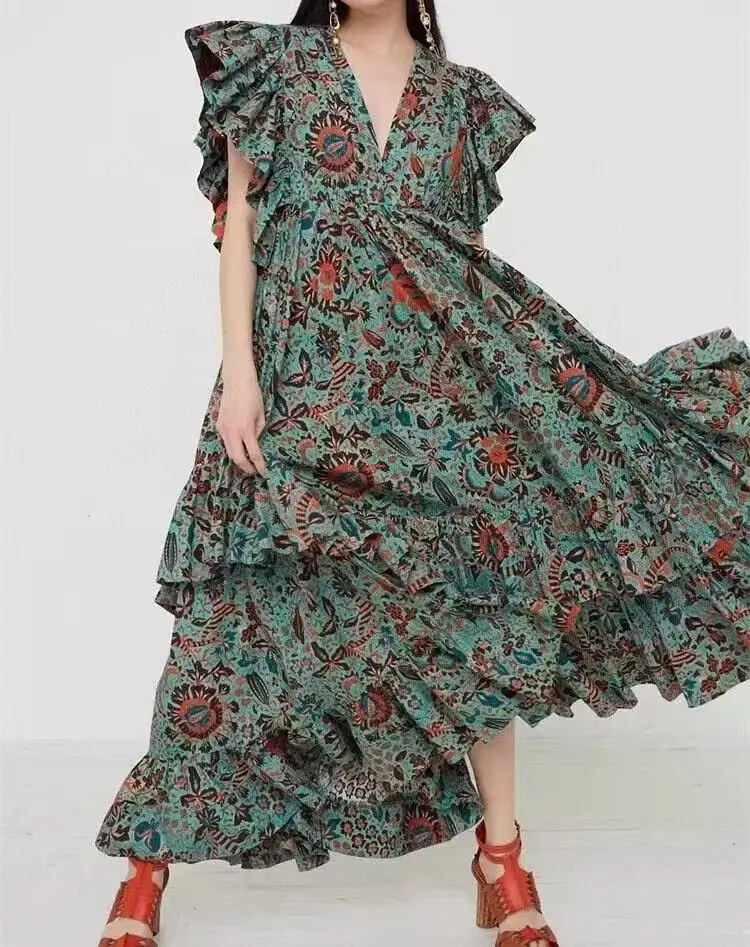 Women Midi Dress Printed Ruffle Sleeve Casual Robe