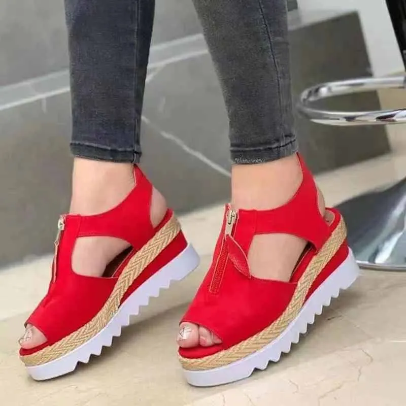 

New Fashion Peep Toe Women's Sandals Solid Color Wedges Female Casual Sandal Shoes Zip Sewing Lady Flat Summer Sandals