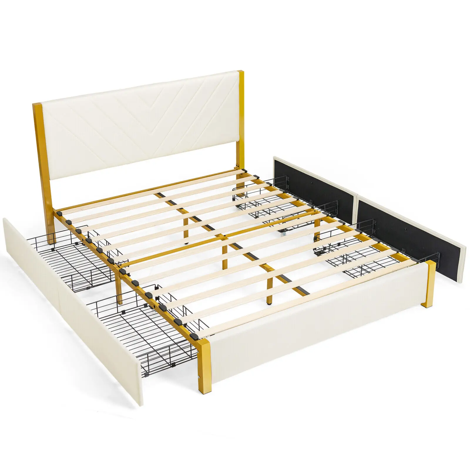 Wooden Slatted Adjustable Headboard 4 Drawers