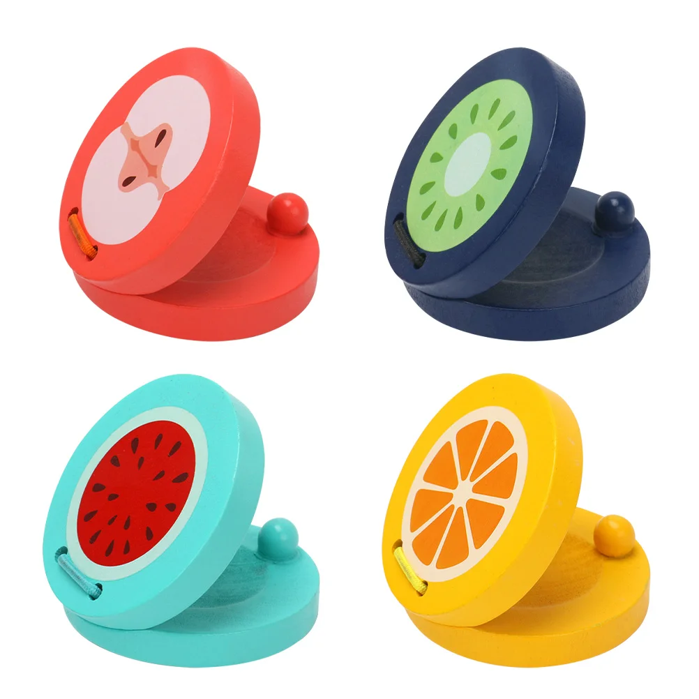 

4pcs Wooden Finger Castanets Cartoon Fruit Pattern Castanet Musical Instruments Toys