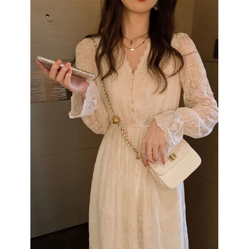 

Ladies Fashion Autumn New High-end Temperament Goddess Dress French Hepburn Long Skirt White Lace Dress Temperament Female