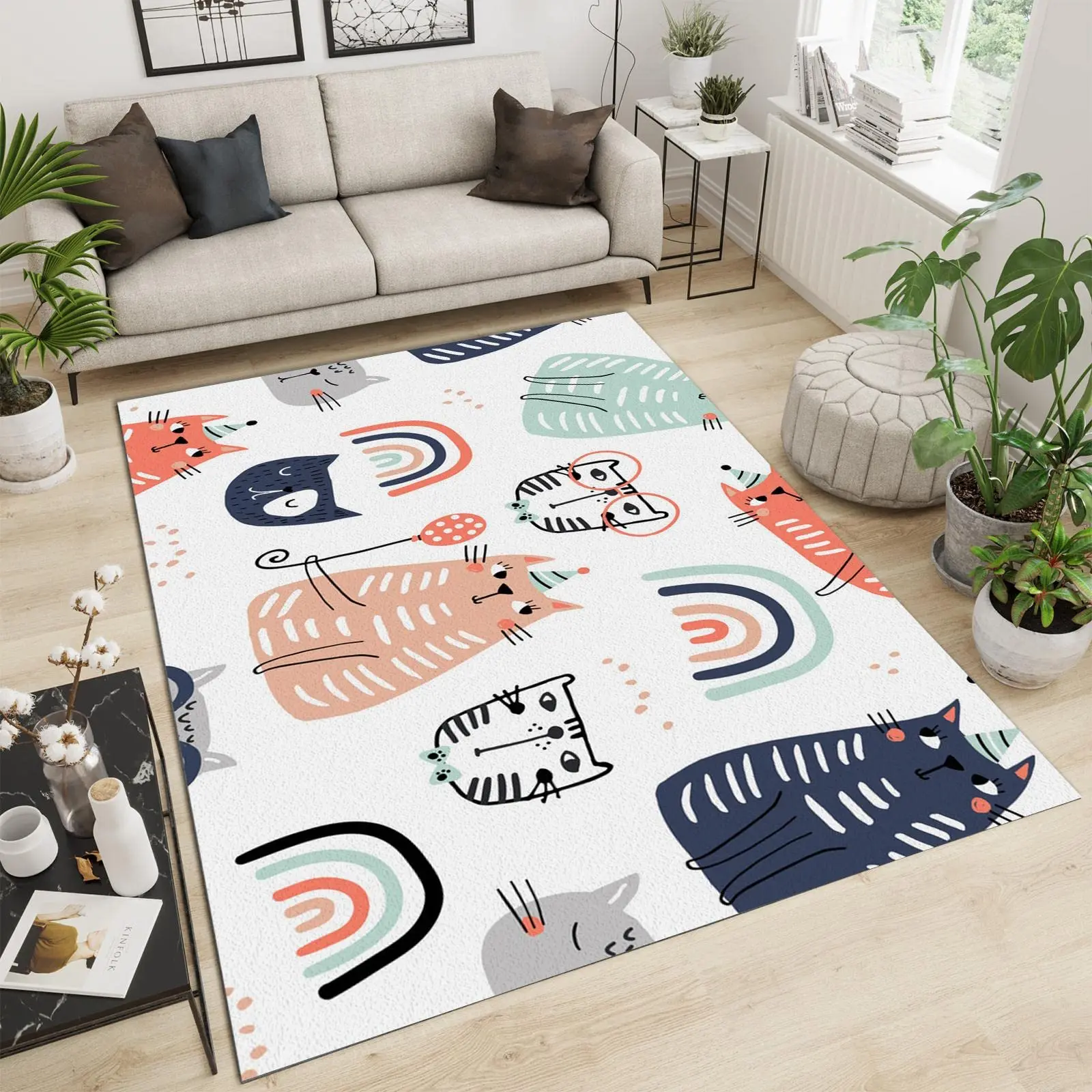 

HX Fashion Carpets Cartoon Cats Rainbows Printed Areas Rugs Flannel Material Mats For Living Room Bedroom Dropshipping