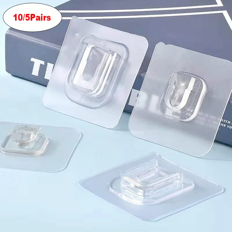 10/5Pcs Double-Sided Adhesive Wall Hooks Hanger Strong Transparent Hooks Suction Cup Wall Storage Holder For Kitchen Bathroom