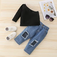 baby girl outfit set girls spring and autumn new suit solid color diagonal shoulder coat jeans ripped trousers two piece suit