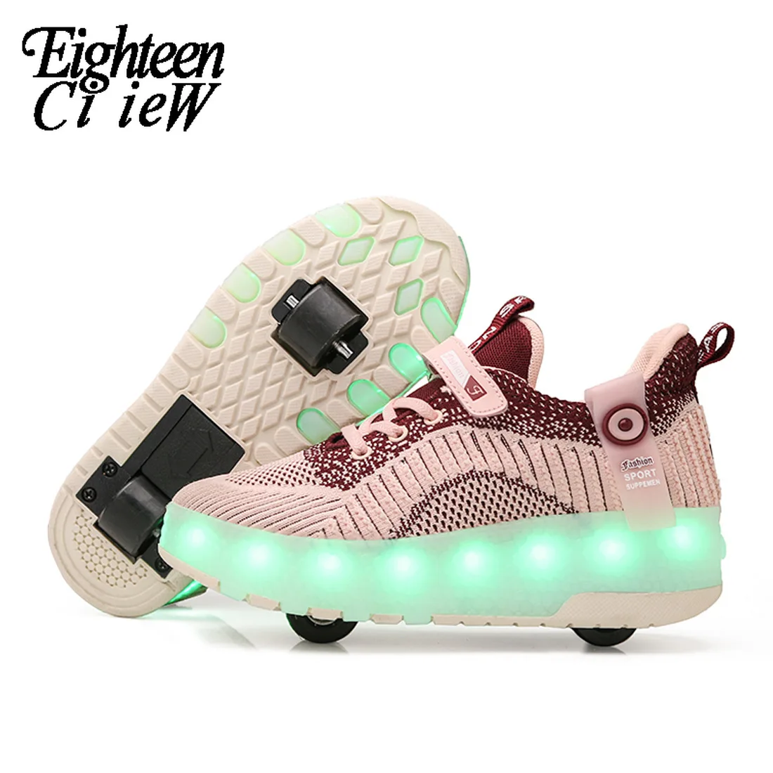 

Светящиеся кроссовки на колесиках, обувь с подзарядкой через USB, мигающие светодиодные роликовые коньки с двойными колесиками для девочек, ...