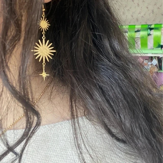 

Celestial Sunburst Sun Star Golden Brass Statement Dangle Earrings | Crystalyana Hypoallergenic Jewelry | Boho Bohemian Style