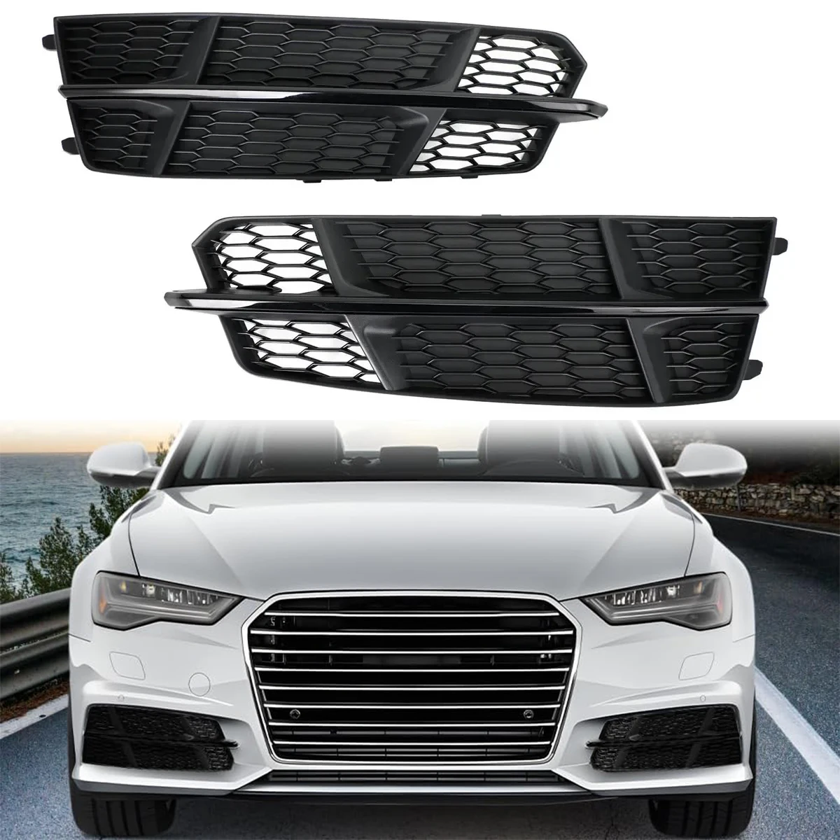 Фото Для AUDI A6 C7 S-Line 2015-2018: 1 пара решеток противотуманных фар (гексагональные, сотовые) №1