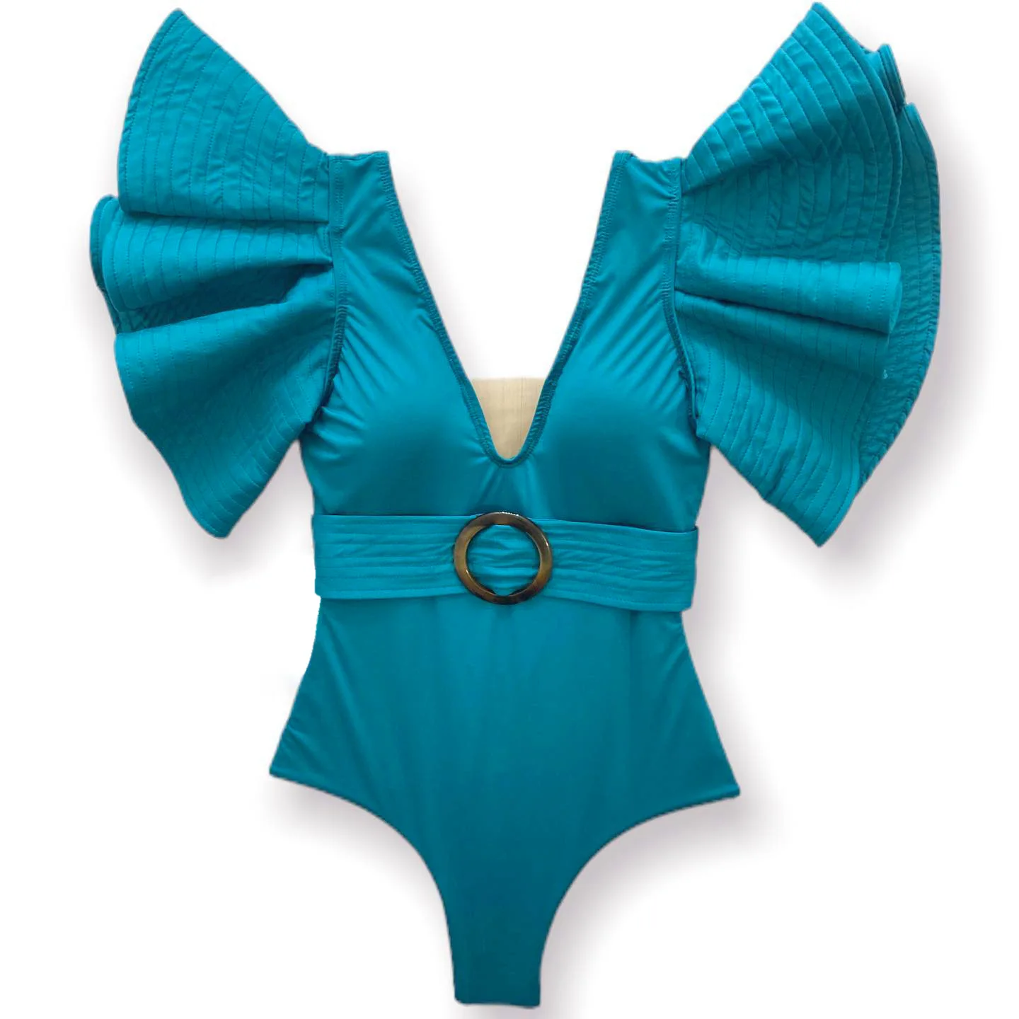 

Solid Color One-Piece Belt Pressing Line Ruffled Swimsuit Female New Swimwear
