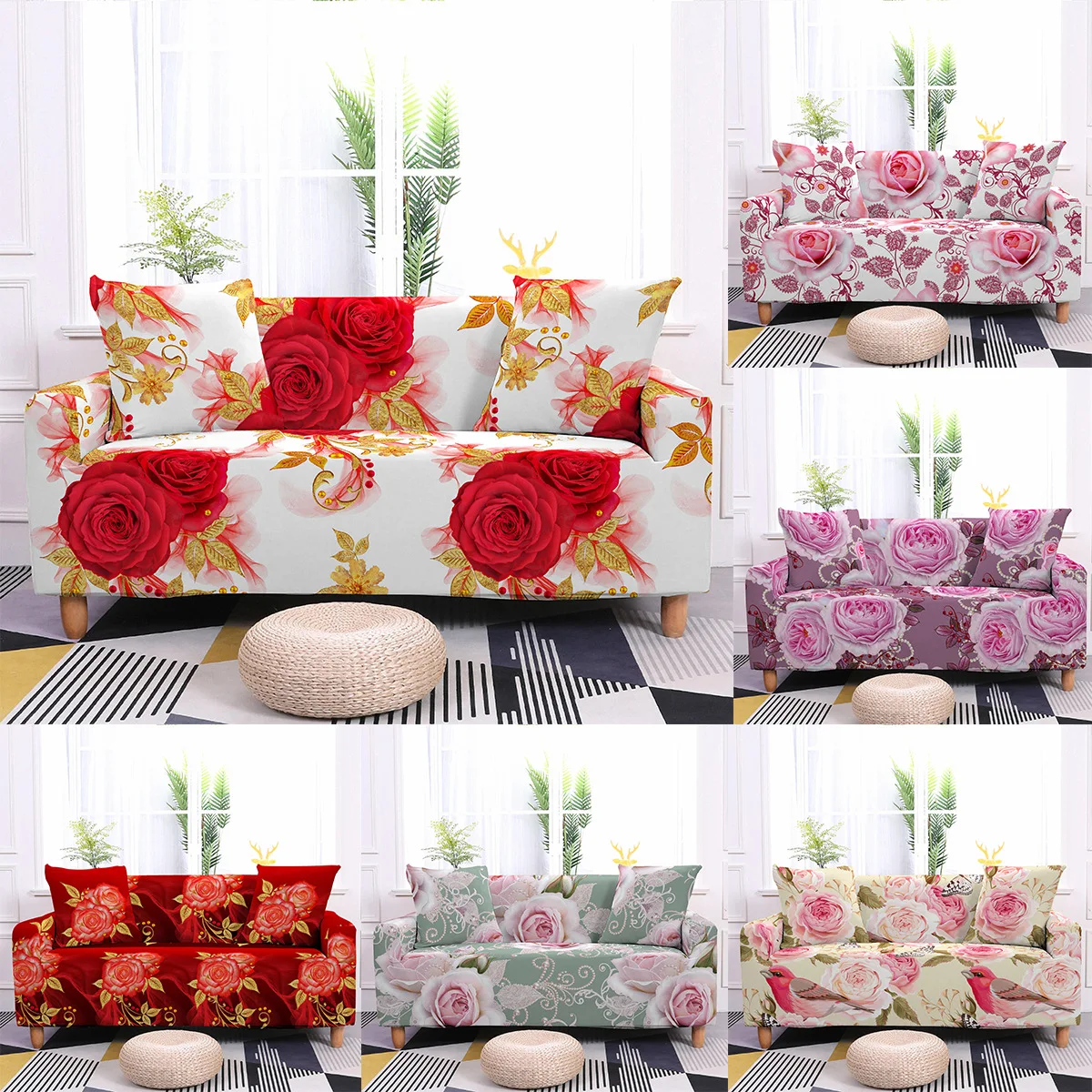 

Nordic Style Rose Pattern Household Elastic Dust-proof All-inclusive Sofa Cover Washable Armchair Sofa Towel Home Decor