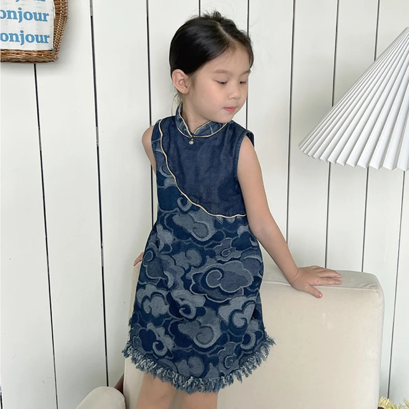 

Girls Chinese Style Denim Dress Summer Kids Auspicious Cloud Pattern Fringed Cheongsam 2-7 Years Vestidos Children Party Clothes