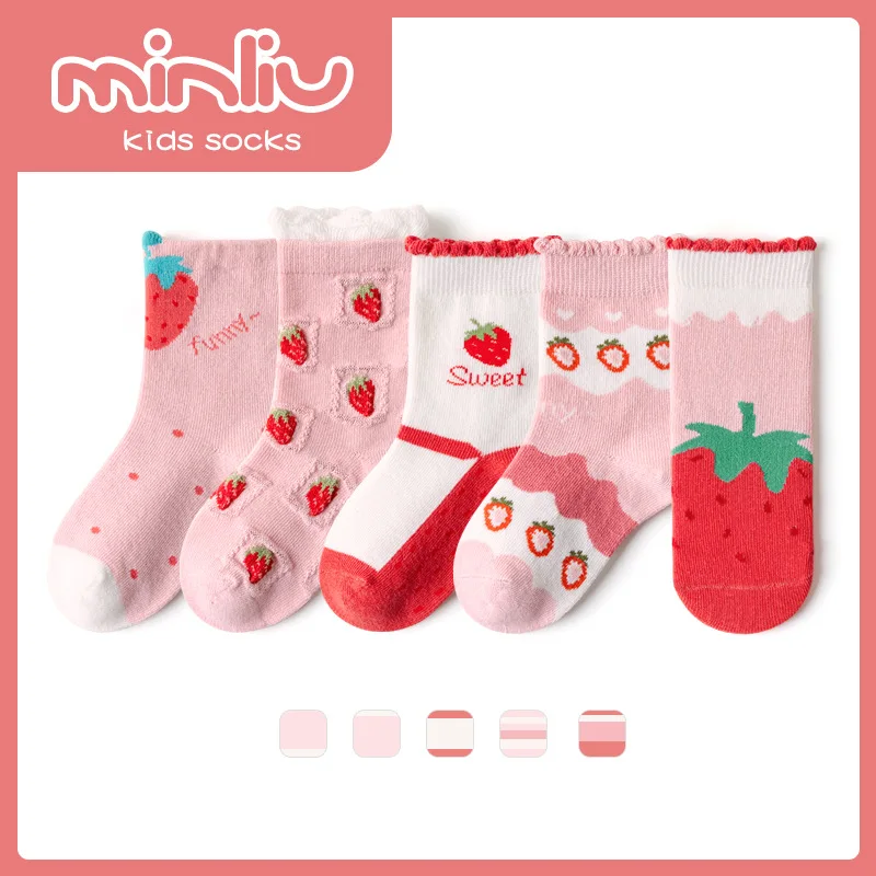 5 Pairs/Set Girls Socks Socks In The children's Cartoon socks Lace Socks Pink Strawberry Children Cuhk Cotton Socks