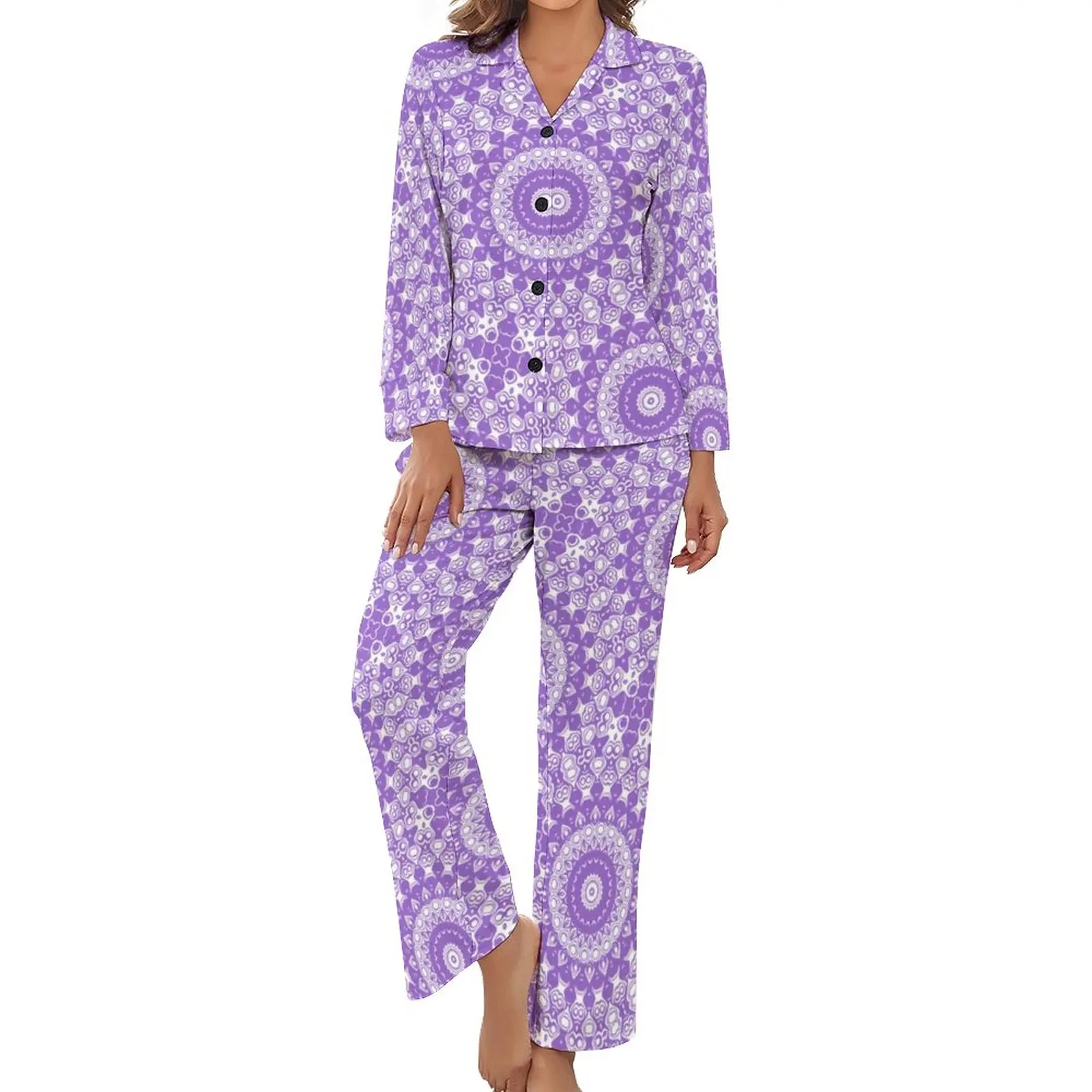 

Amethyst Lavender Mandala Pajamas Purple And White Print Teal Floral Retro Pajama Set Two Piece Casual Daily Casual Nightwear
