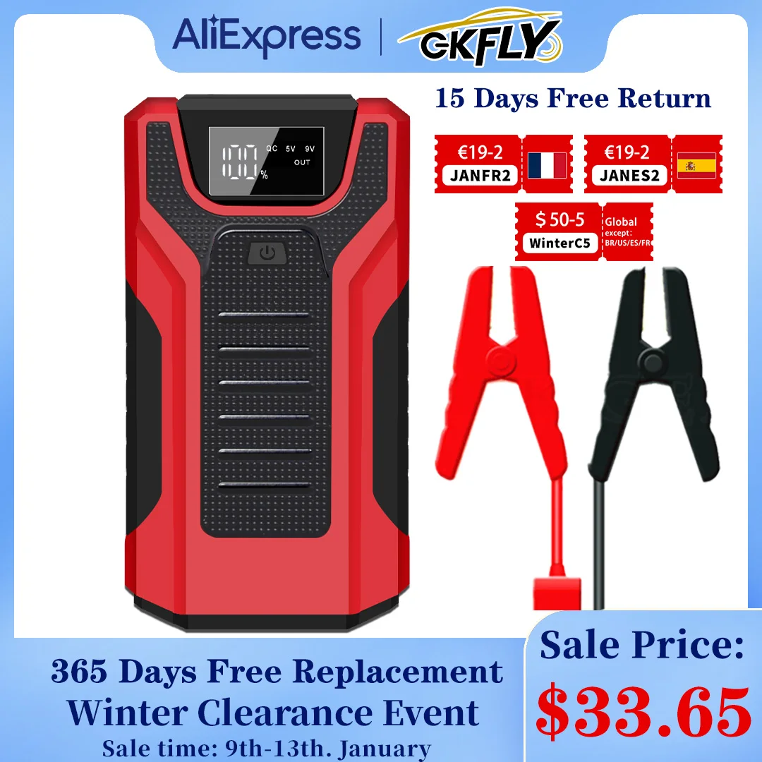  GKFLY 1200A High Capacity 16000mAh 12V Jump Starter Portable Starting Device Power Bank Car Charger For Car Battery Booster 