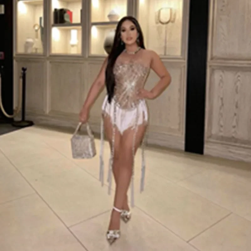 Клубный наряд женский сексуальный сетчатый облегающий боди с блестящими