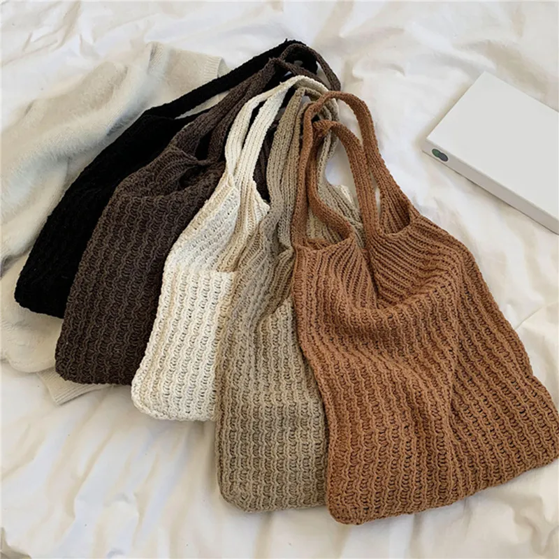 

New Wool Knitted Shoulder Shopping Bag for Women Vintage Fashion Cotton Cloth Girls Tote Shopper Bag Large Female Handbag