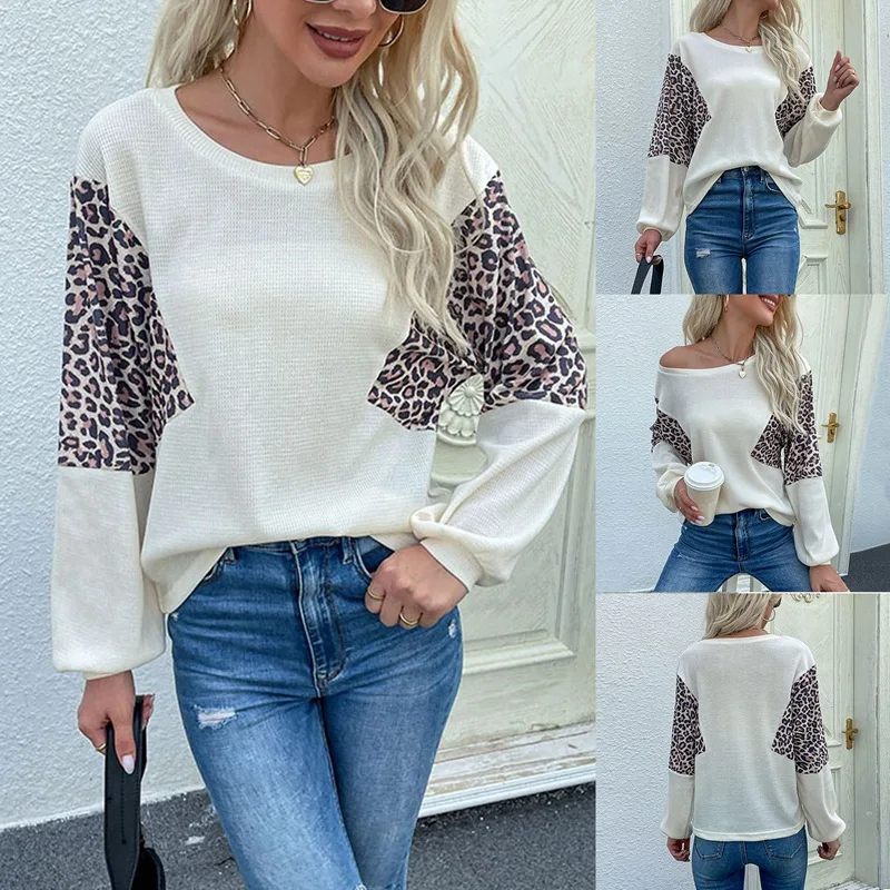 

ASDS-Women's Sweaters Casual Leopard Print Patchwork Long Sleeve Knitted Pullover Sweater Tops Apricot