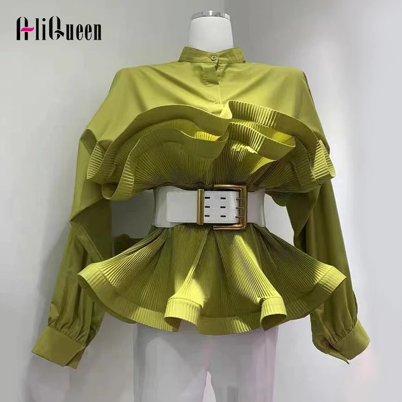 

Spring Fall Korean Casual Patchwork Ruffles Pleated Womens Tops Long Sleeve Women Blouses Elegant Ladies Tops Blusas De Mujer