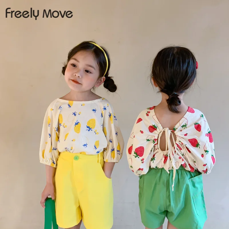 

Freely Move 2022 Summer New Korean Style Baby Girls print T-shirts lacing Backless short Sleeve Tops Toddlers Kids Tees