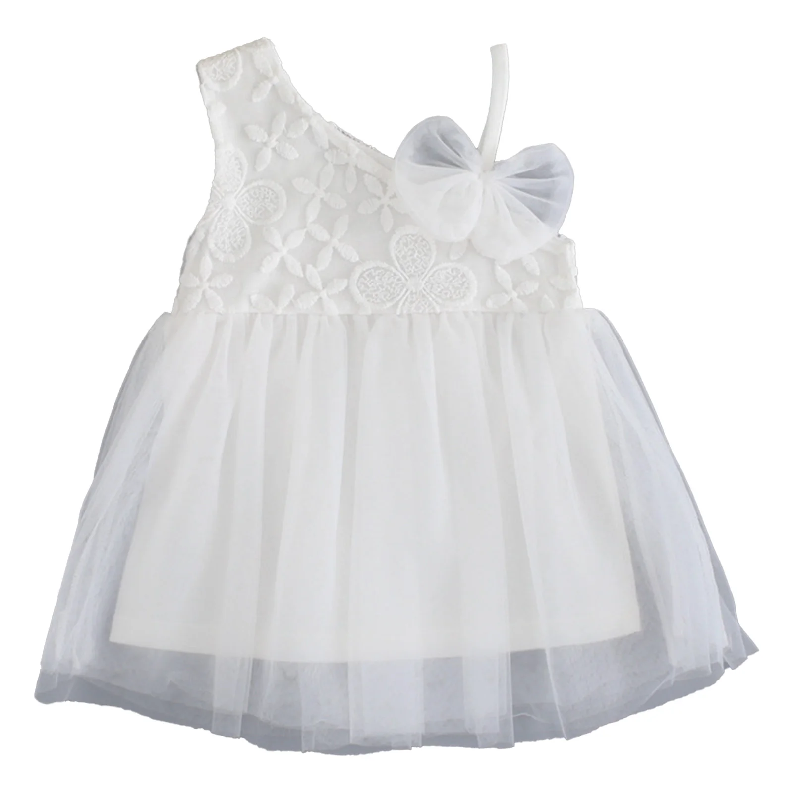 

Baby Girl Flower Embroidery Tulle Dress Bow Asymmetrical Shoulder Straps Sleeveless Dresses for Baby Shower Birthday Party
