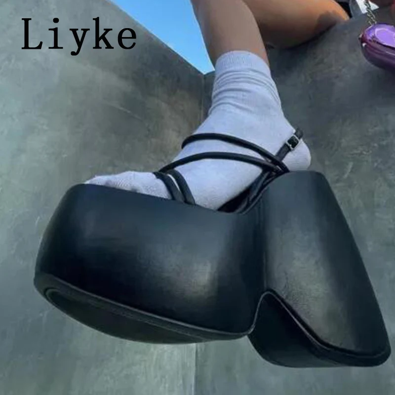 

Liyke Women Sandals Open Toe Platform Punk High Wedges Buckle Strappy Summer 2022 White Black Casual Leisure Heeled Shoes Femal