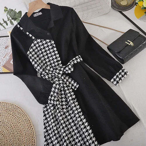 

Женское винтажное платье в клетку, облегающее короткое платье с длинным рукавом и поясом, осень 2022