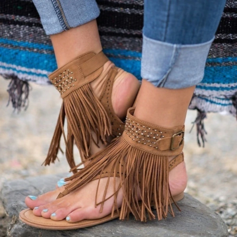 

Summmer Shoes Flat Sandals Women Sexy Tassel Rome Sandals Shoes Ankle Flat Flip Flops Shoes