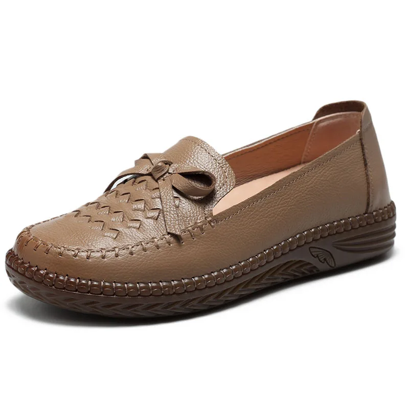 Wide Fit Ladies Handmade Braid Shoes Designer Bowtie Slip On Loafers Retro Stitching Shoes for Women 2023 New Wedge Sneakers