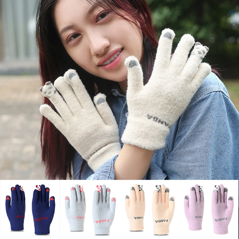 

1 Pairs Knitting Wool Warm Full Finger Mittens Women Outdoor Cycling Skiing Windproof Gloves Touch Screen Thick Fluffy Gloves