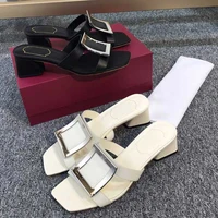 square buckle slippers 2022 new thick heel square toe real white flip flop sandals women