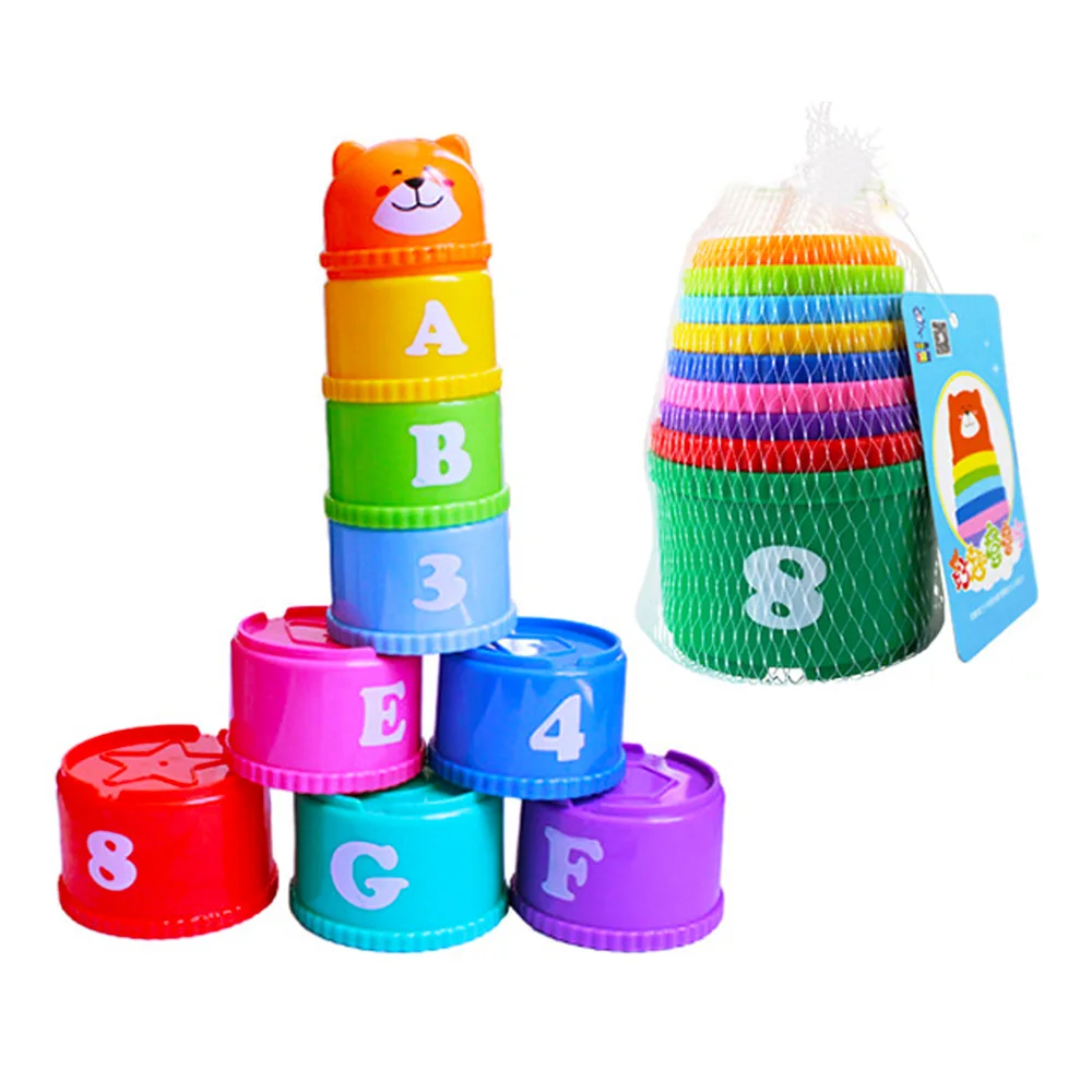 Gift 9Pcs/set Excellent Baby Children Kids Educational Toy New building Puzzles Figures Letters Folding Cup Pagoda - купить по