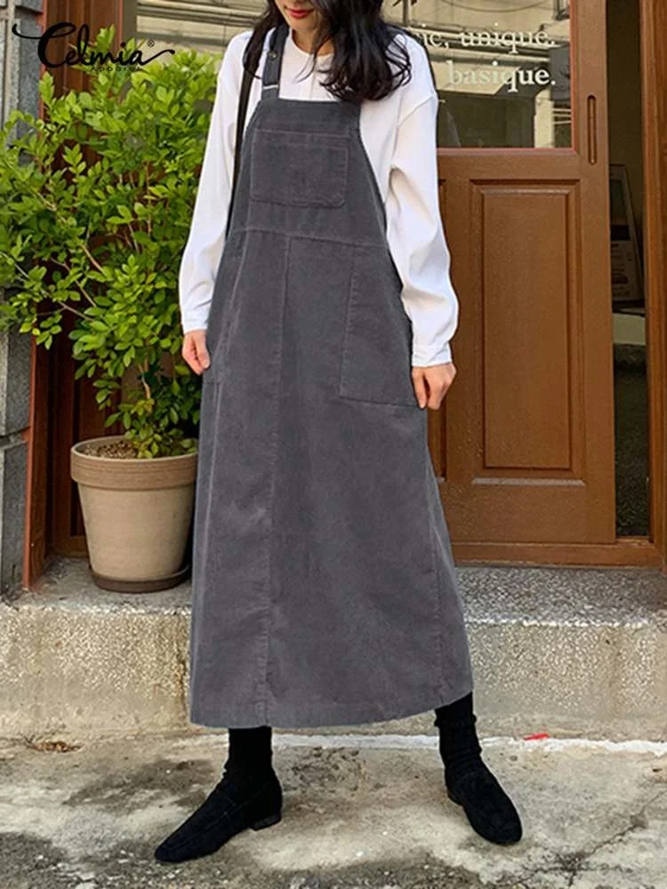 

Зимнее женское вельветовое платье Celmia осень 2023, свободное платье-фартук без рукавов, модное сексуальное платье средней длины на тонких бретельках с карманами